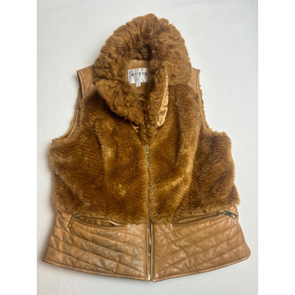 GUESS Womens XL Brown Faux Fur Hooded Vest Faux Leather Zip Pockets‎ Jacket